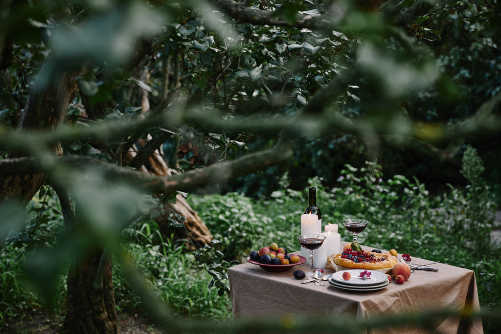 tarte aux baies, vin et bougies sur la table dans le jardin avec des arbres verts
 - Photo, image