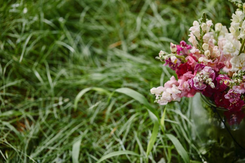 Kytice z růžové a bílé květy do sklenic na zelené trávě - Fotografie, Obrázek