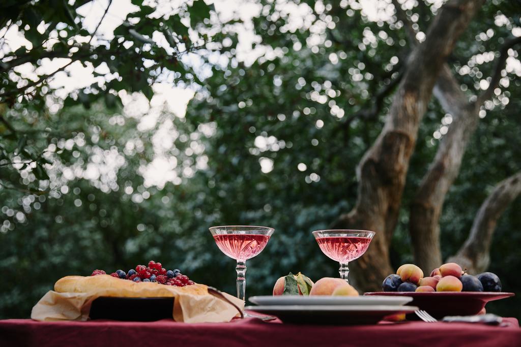 бокалы вина, ягодный пирог и фрукты на ужин в саду
 - Фото, изображение