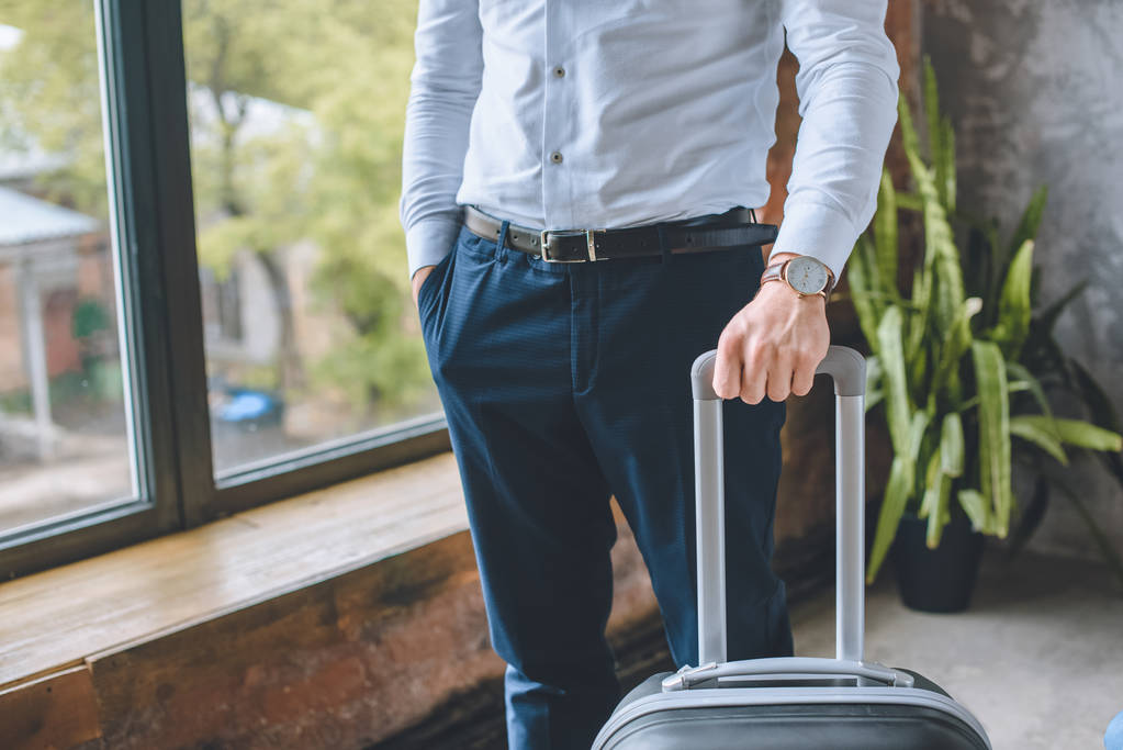 bijgesneden afbeelding van zakenman met hand in de zak staande met koffer thuis - Foto, afbeelding