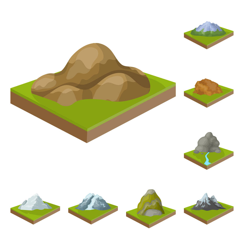 Montanhas, ícones de desenhos animados maciços na coleção de conjuntos para design. A superfície da terra vetor isométrico símbolo estoque web ilustração
. - Vetor, Imagem