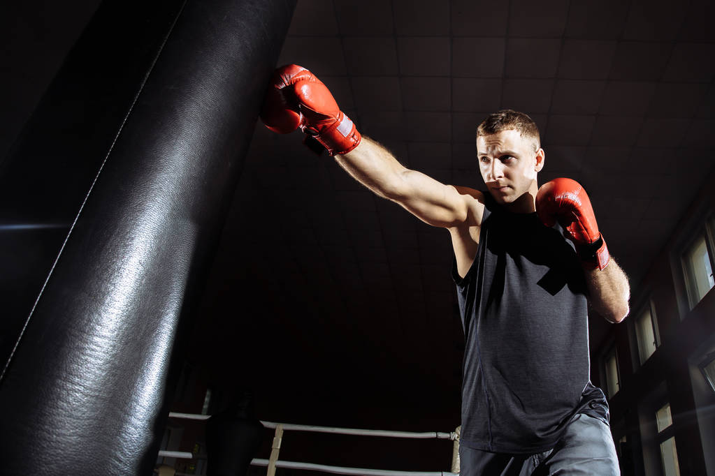 ボクシング グローブの男。ボクシング男と戦うために準備ができています。ボクシング トレーニング、筋、強さ、パワー - 筋力トレーニング ボクシングの概念. - 写真・画像