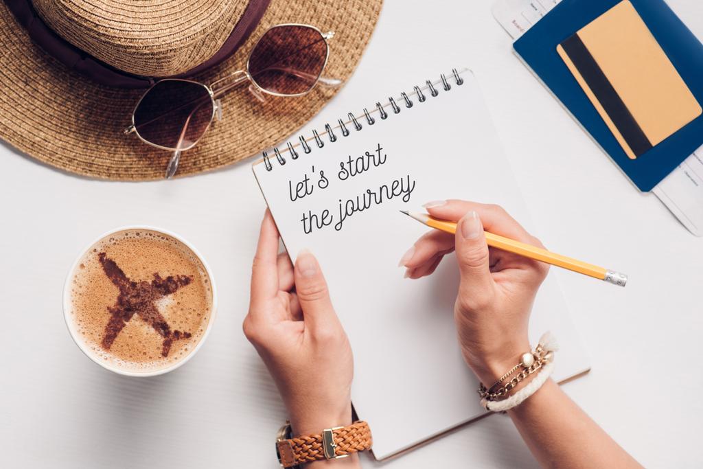 partial view of woman with notebook with lets start the journey lettering at tabletop with cup of coffee, straw hat, passport and ticket, traveling concept - Photo, Image
