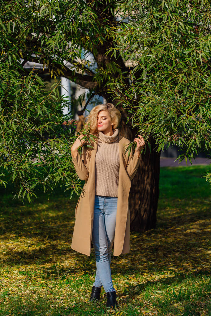 Hermosa mujer elegante de pie bajo el árbol en el parque de otoño
 - Foto, Imagen