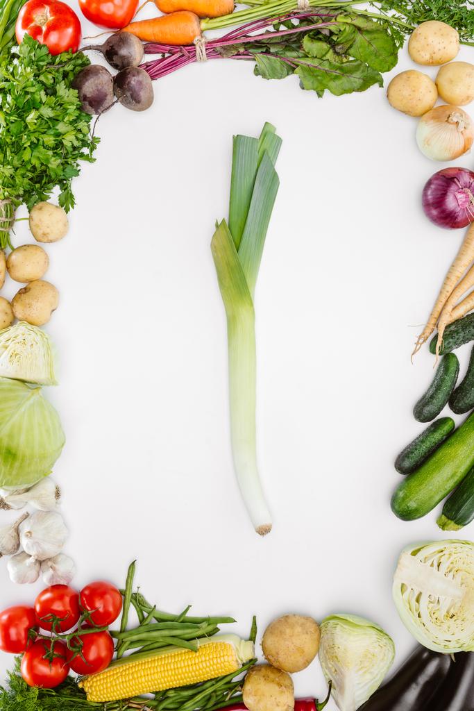 tasainen lay eri vuodenaikojen kypsiä vihanneksia purjo keskellä eristetty valkoinen
 - Valokuva, kuva