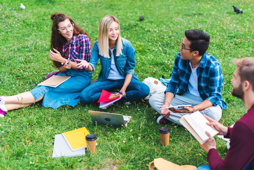 grupo multirracial de estudantes com dispositivos digitais e cadernos sentados na grama verde no parque
   - Foto, Imagem