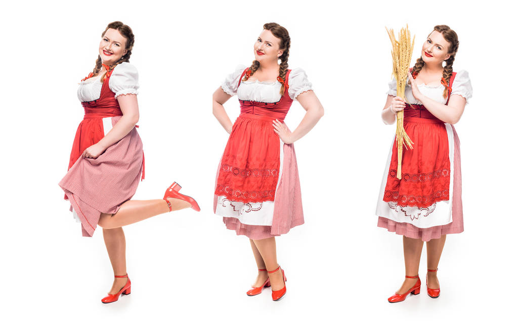 lächelnde Oktoberfestkellnerin in bayerischer Tracht in drei verschiedenen Positionen isoliert auf weißem Hintergrund - Foto, Bild