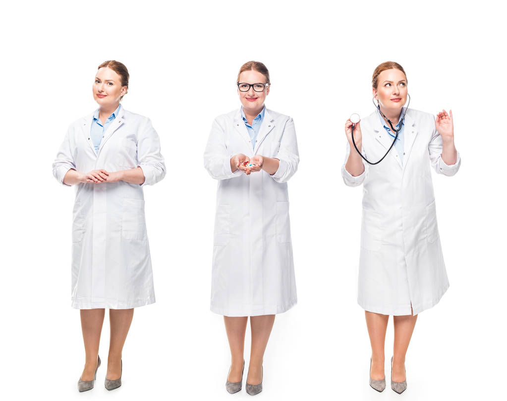 médico femenino con píldoras y estetoscopio en tres posiciones diferentes aisladas sobre fondo blanco
 - Foto, imagen