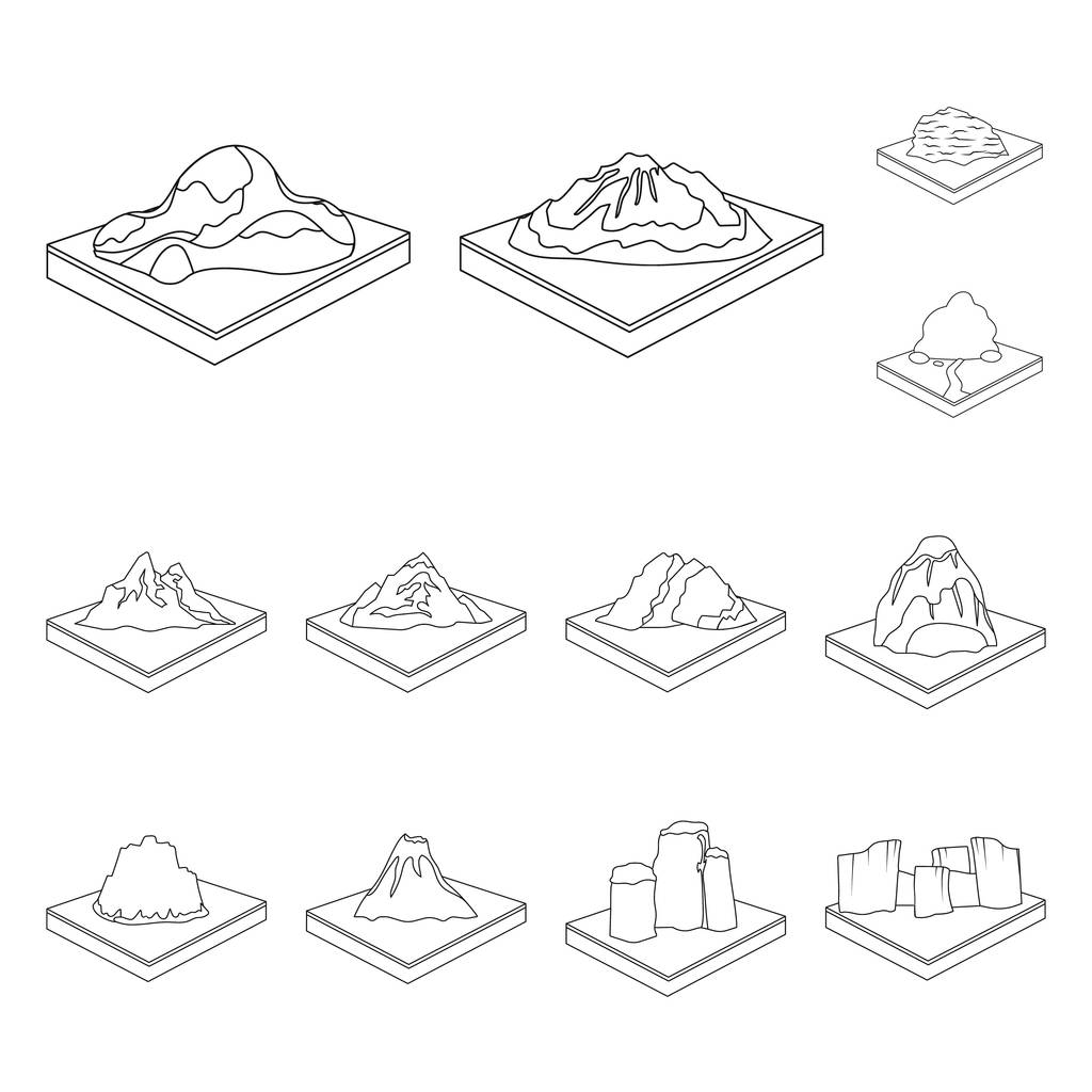 Montagnes, icônes massives de contour dans la collection d'ensemble pour le design. La surface de la terre vecteur isométrique symbole stock web illustration
. - Vecteur, image