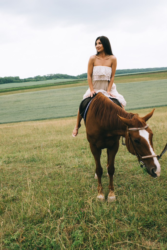 piękna kobieta, jazda brązowy koń na pole - Zdjęcie, obraz