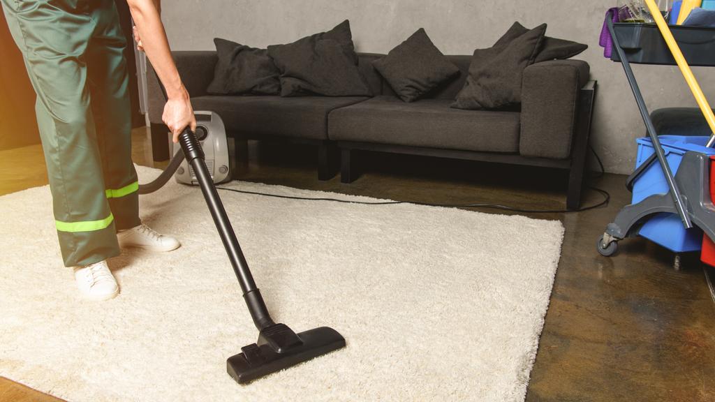 partial view of person using vacuum cleaner while cleaning white carpet  - Photo, Image
