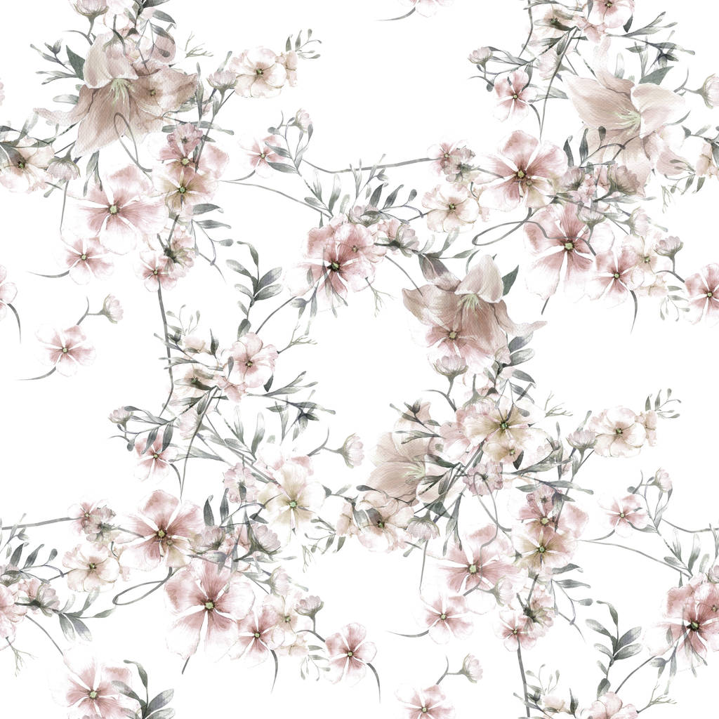 Pintura de acuarela de hojas y flores, patrón sin costuras sobre fondo blanco - Foto, imagen