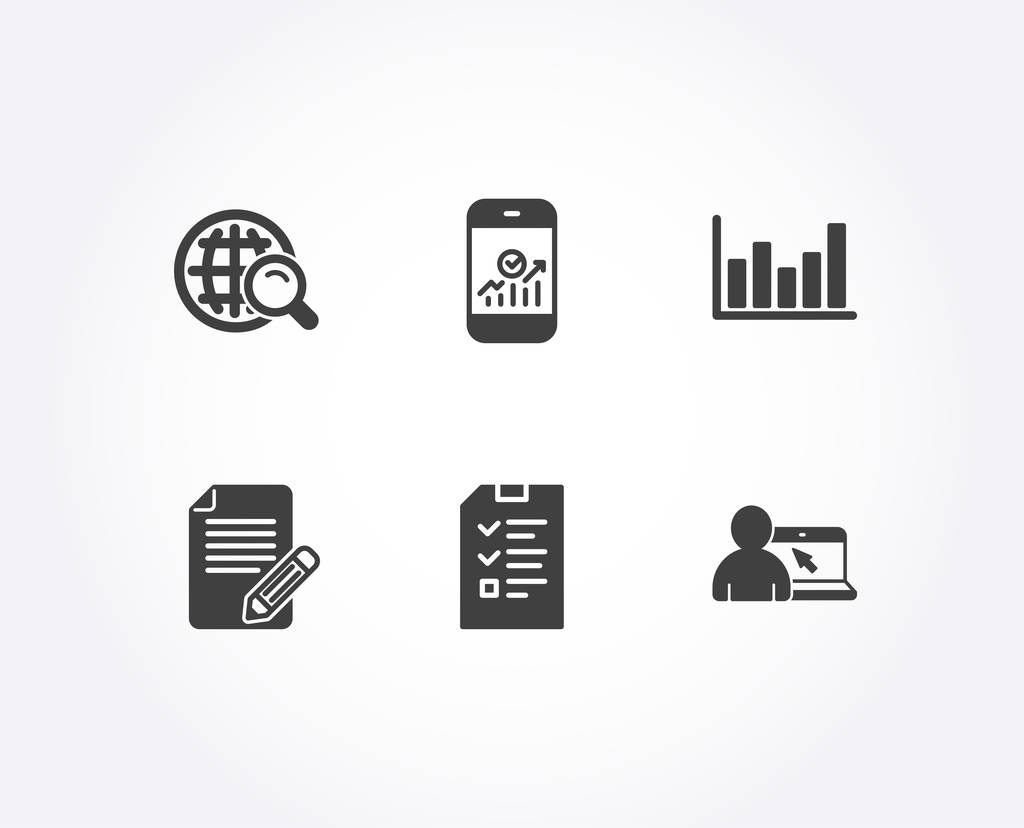 Set of Article, Internet search and Interview icons. Column chart, Smartphone statistics and Online education signs. Feedback, Web finder, Checklist file. Vector - Vector, Image
