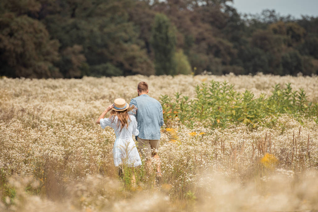 rear view of couple walking in filed with wild flowers around - Photo, Image