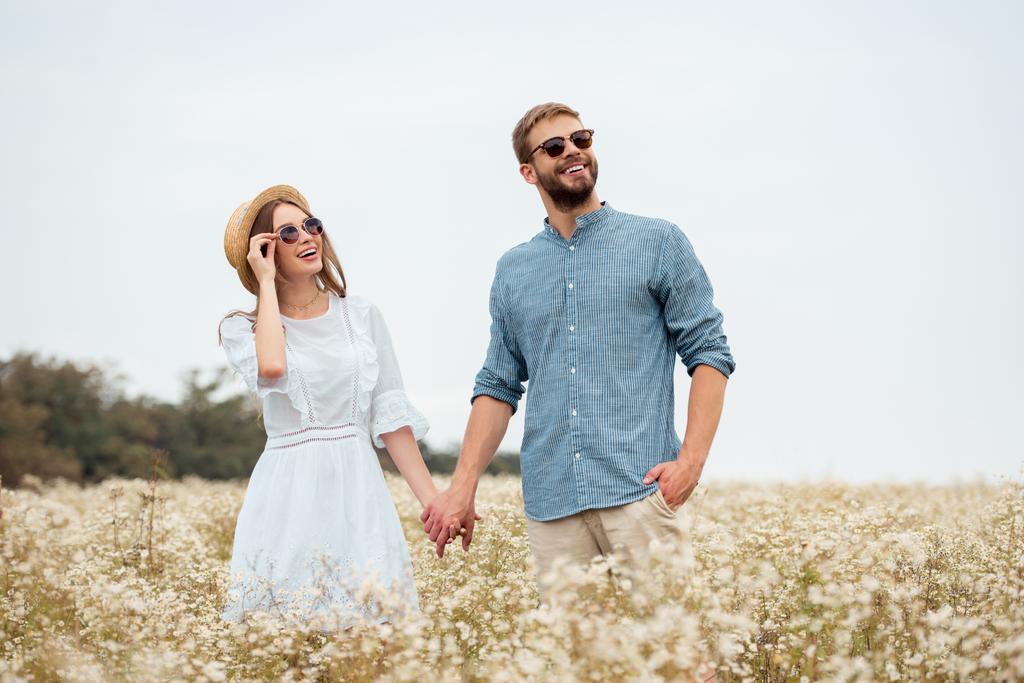 ritratto di amanti felici in occhiali da sole che si tengono per mano in campo con fiori selvatici
 - Foto, immagini