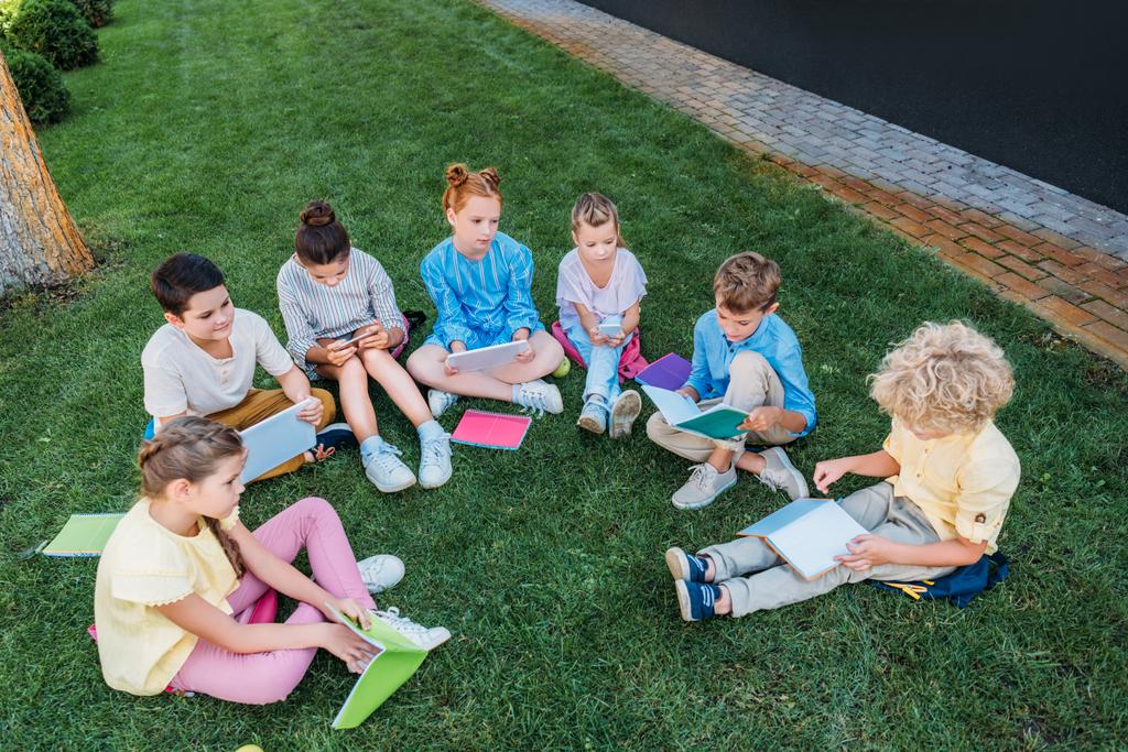 visão de alto ângulo do grupo de alunos sentados na grama com livros e dispositivos
 - Foto, Imagem