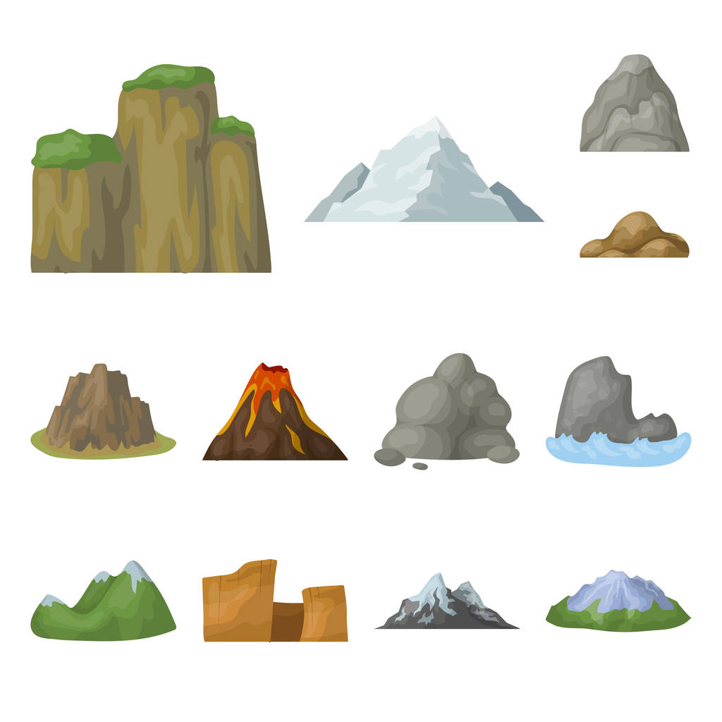 Farklı dağlar set koleksiyonu tasarım için simgeleri karikatür. Dağlar ve yatay sembol stok web illüstrasyon vektör. - Vektör, Görsel