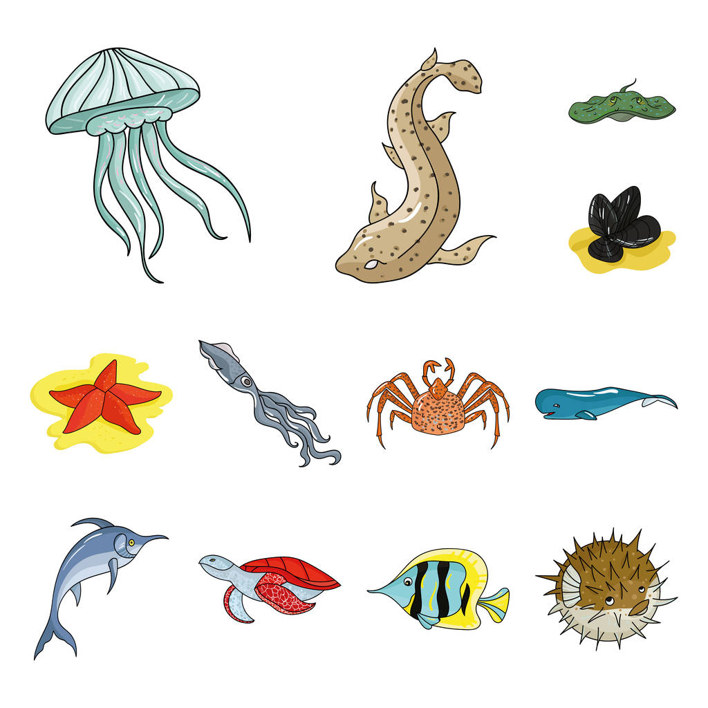 Řadu mořských živočichů karikatura ikony v nastavení kolekce pro design. Ryby a korýši symbol akcií webové vektorové ilustrace. - Vektor, obrázek