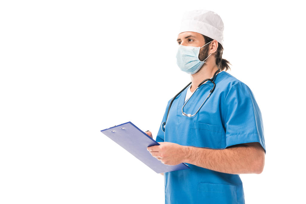 sebész, egészségügyi maszk a vágólap elszigetelt fehér írás - Fotó, kép