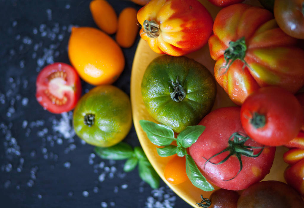 fresh basil and tomatoes on table - Photo, Image