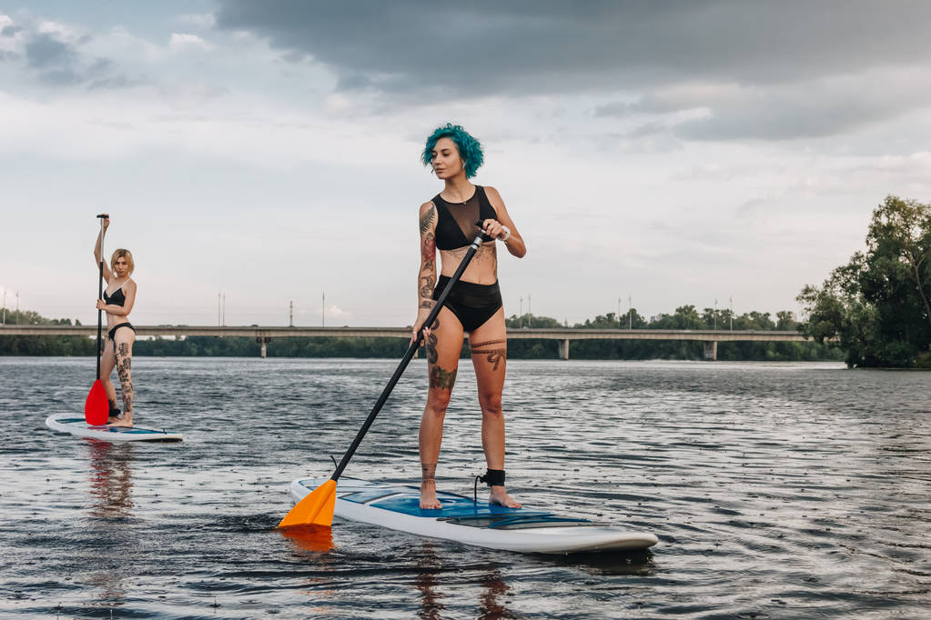 mujeres atléticas de pie paddleboarding juntos en el río
 - Foto, Imagen