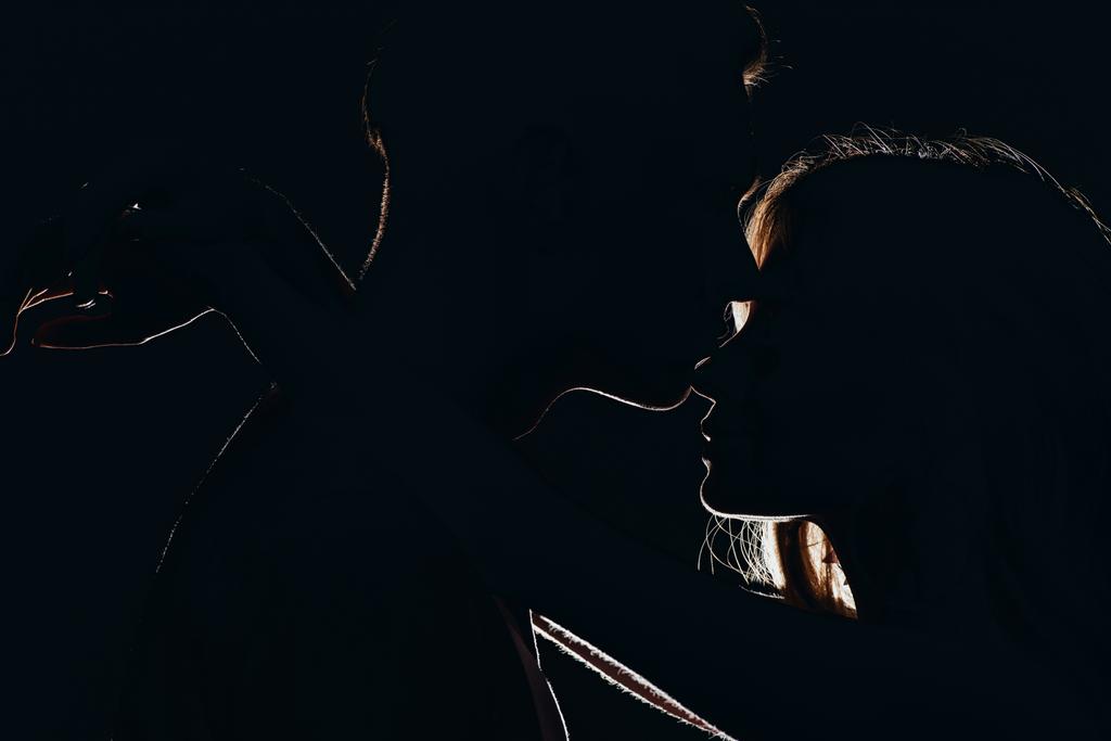siluetas de novio besando novias nariz en la oscuridad
 - Foto, Imagen