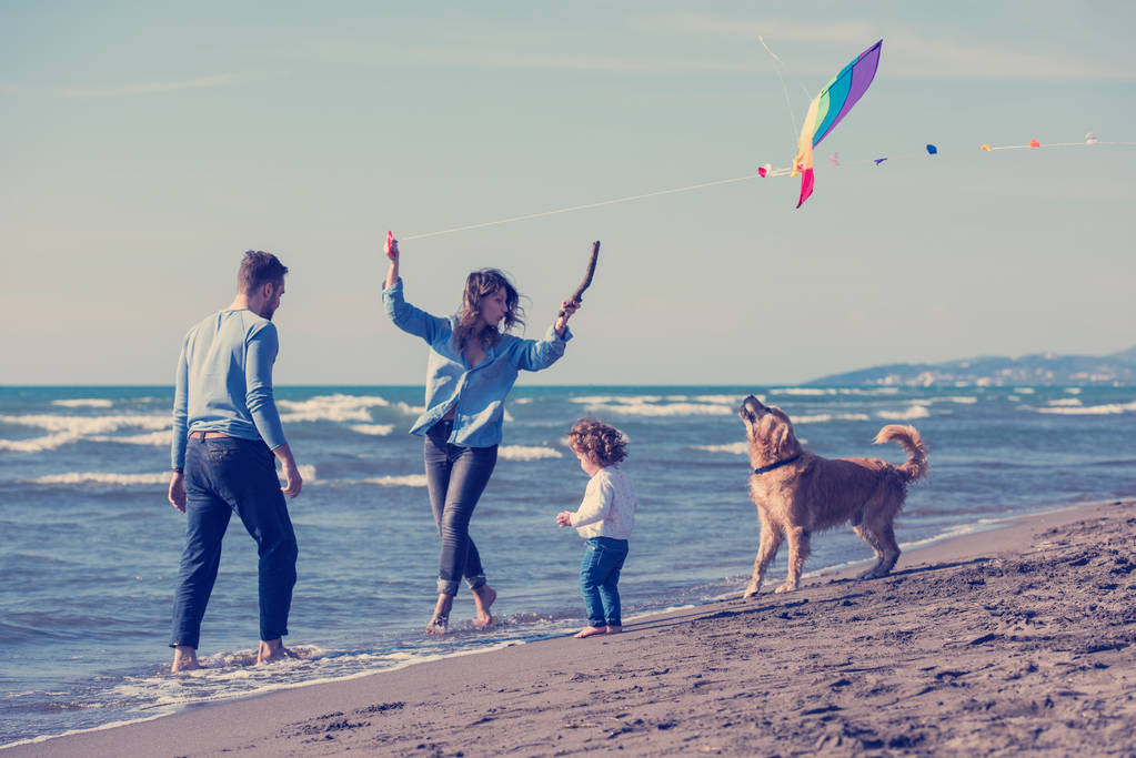 秋の日にビーチで犬と凧を楽しんでいる子供たちと幸せな若い家族 - 写真・画像