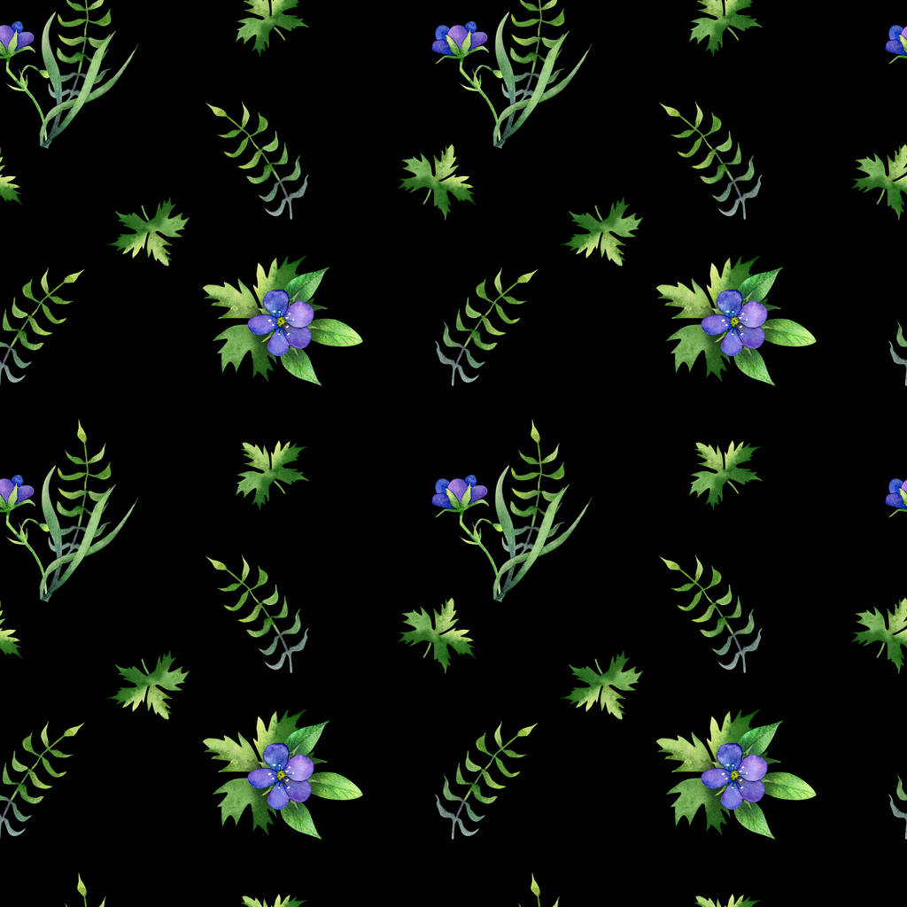 Simple seamless pattern with differents leaves  and blue flowers - Photo, Image