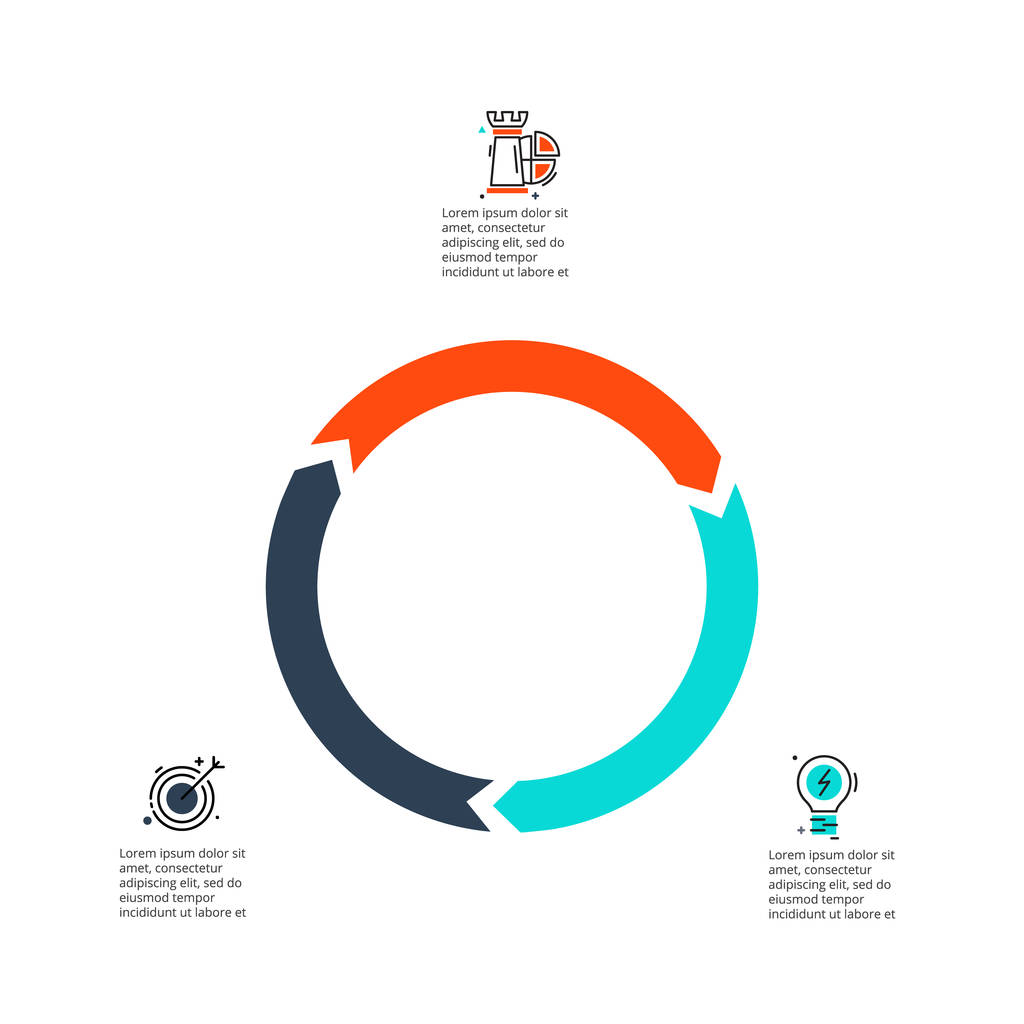 Cicle nuolet infographic. Malli kaavio, kaavio, esitys ja pyöreä kaavio. Liiketoimintakonsepti 3 vaihtoehtoja, osia, vaiheita tai prosesseja. Ohutkuvakkeet
. - Vektori, kuva