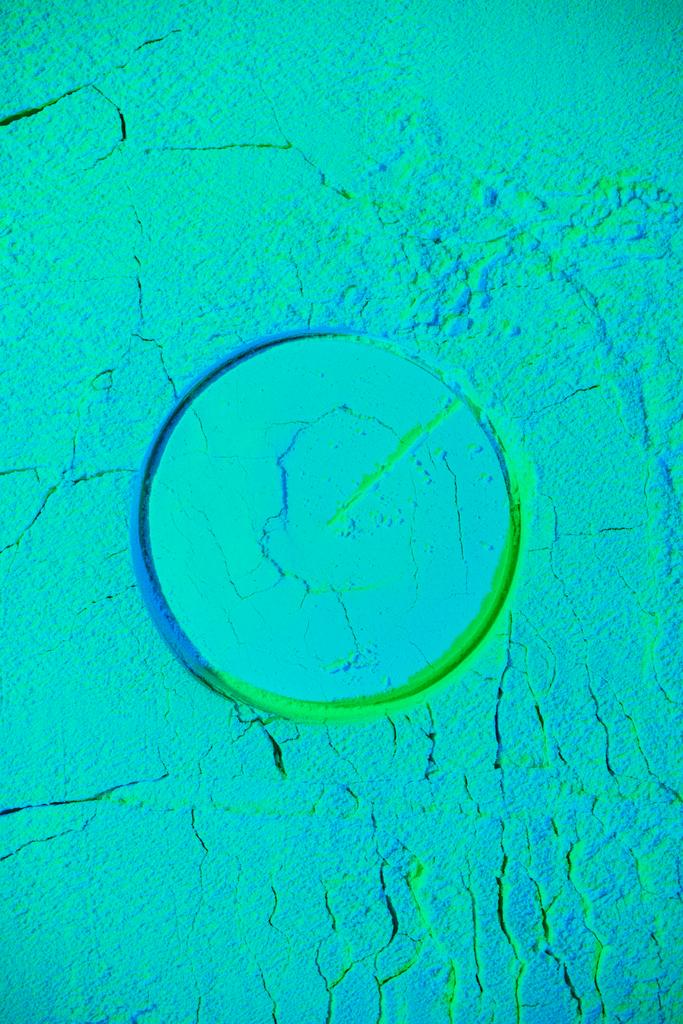 bovenaanzicht van ronde vorm op neon turkooizen achtergrond - Foto, afbeelding