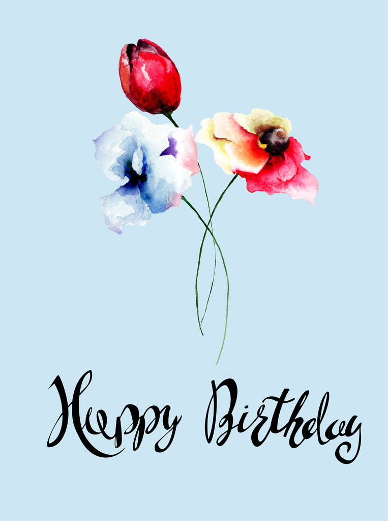 Boldog születésnapot, akvarell illustratio címmel színes vadvirágok - Fotó, kép