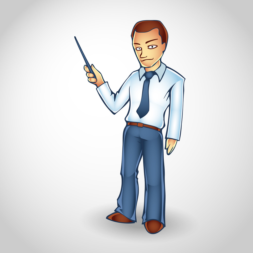 Карикатурный бизнесмен указывает вверх указателем на пространство для копирования
 - Вектор,изображение