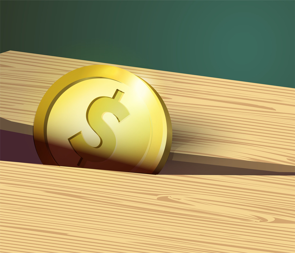 Gold coin with dollar sign and wooden board. - Vector, Image