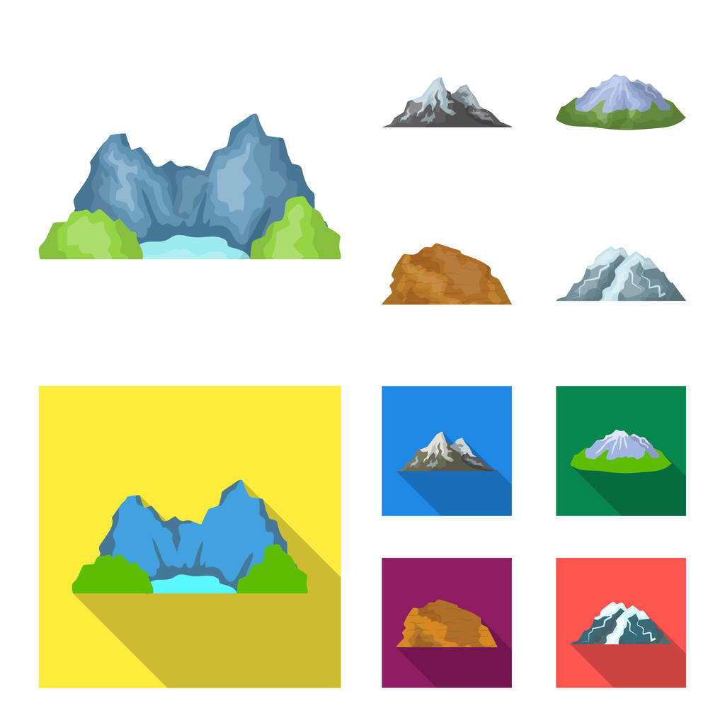 Montañas en el desierto, un pico nevado, una isla con un glaciar, una montaña nevada. Diferentes montañas set colección iconos en dibujos animados, plano estilo vector símbolo stock ilustración web
. - Vector, Imagen