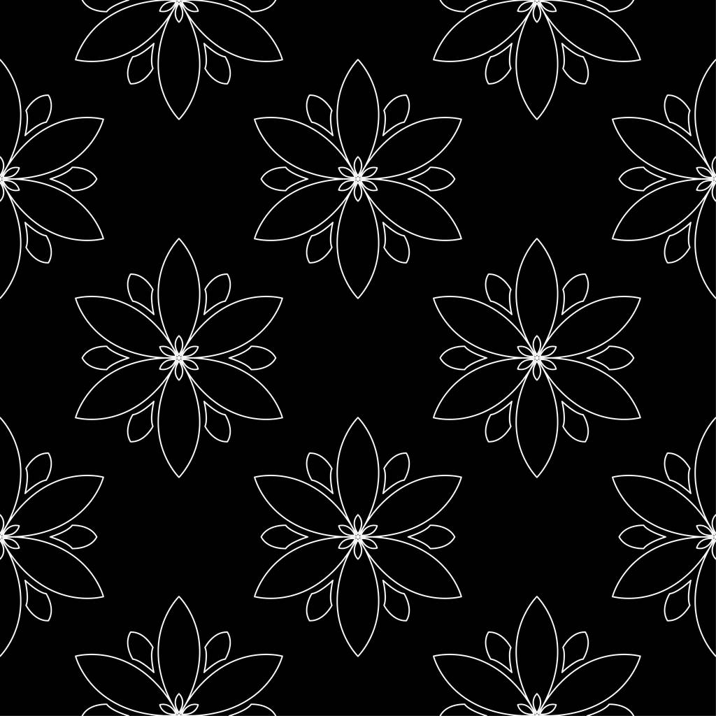 黒い背景に白い花の飾り。テキスタイルや壁紙のためのシームレスなパターン - ベクター画像
