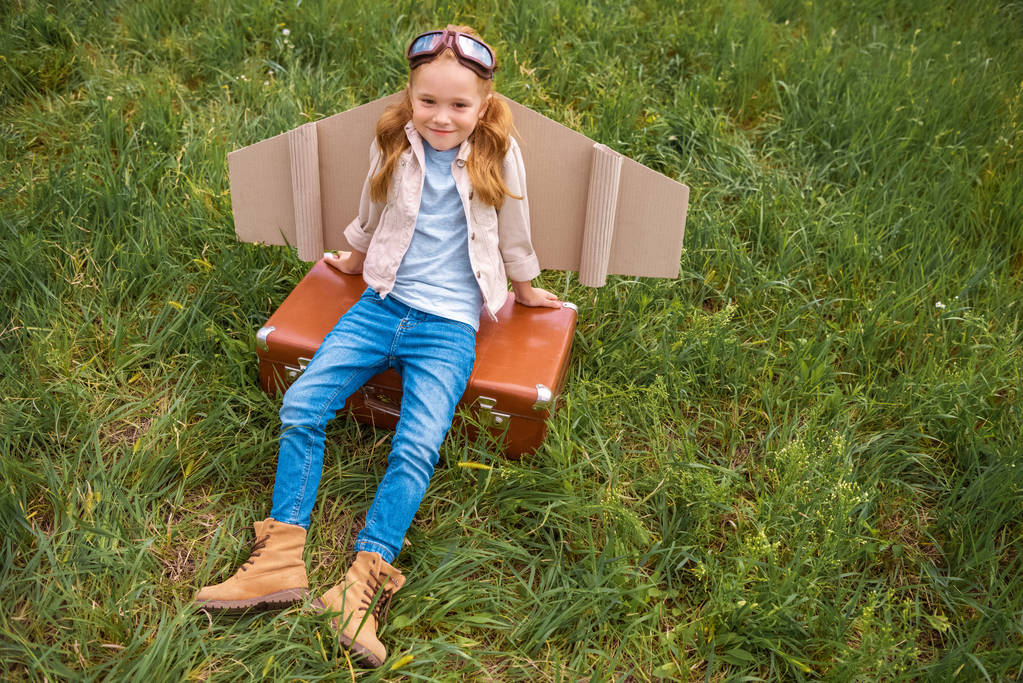 высокий угол обзора улыбающегося ребенка с крыльями бумажной плоскости и защитными очками, лежащими на ретро-чемодане на лугу
 - Фото, изображение