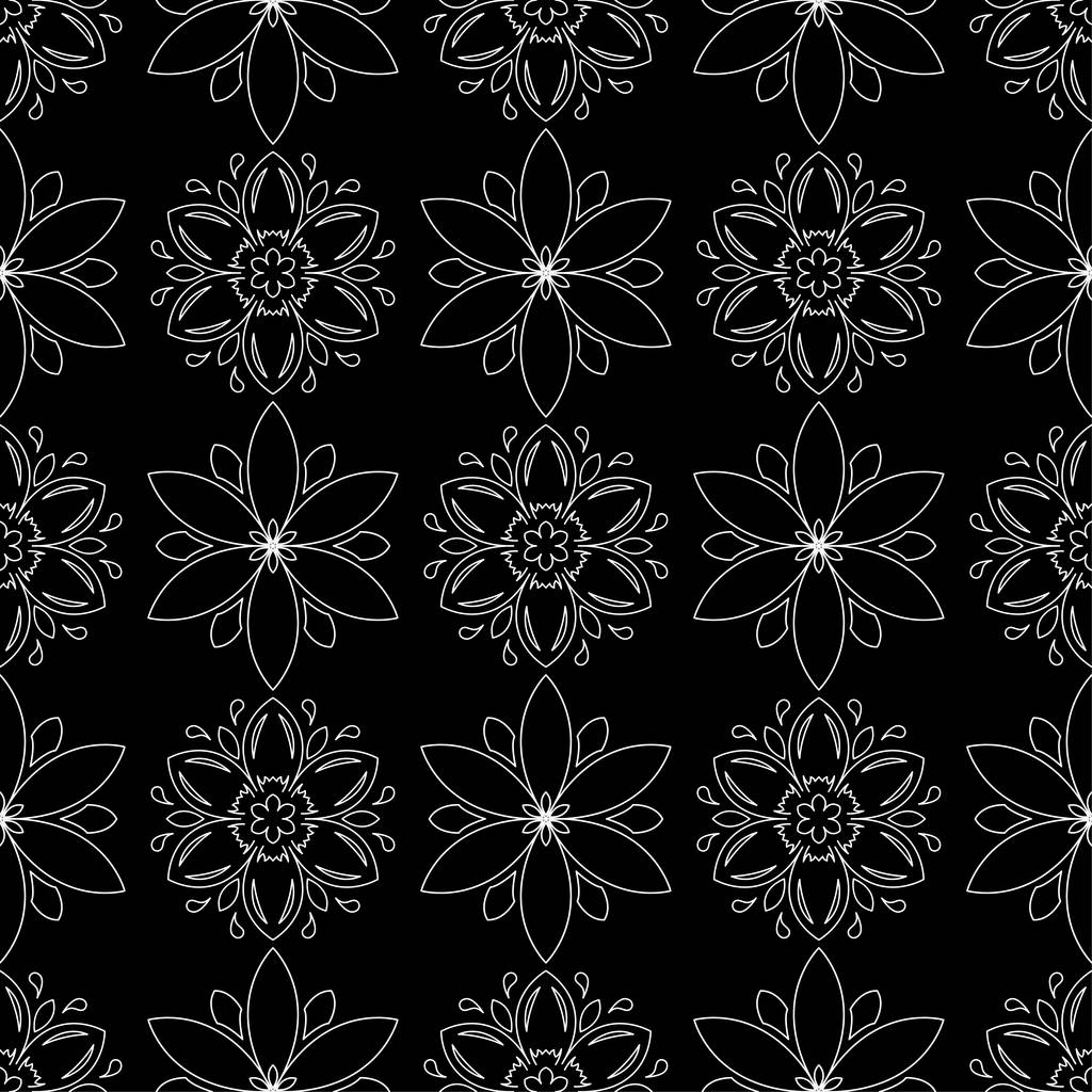 黒と白の花飾り。テキスタイルや壁紙のためのシームレスなパターン - ベクター画像