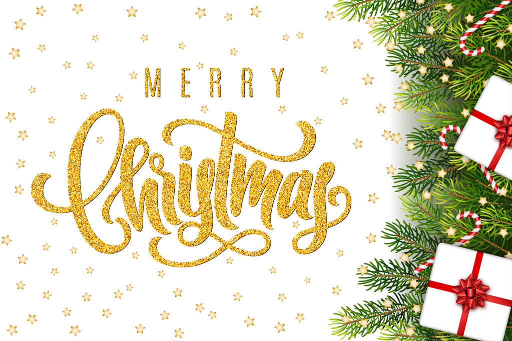 Veselé Vánoce ruka nápisy na pozdrav pozadí s větve stromů jedle, dary, luk, spořádáme a dekorací. Šablona pro banner, plakát, Pozvánka - Vektor, obrázek