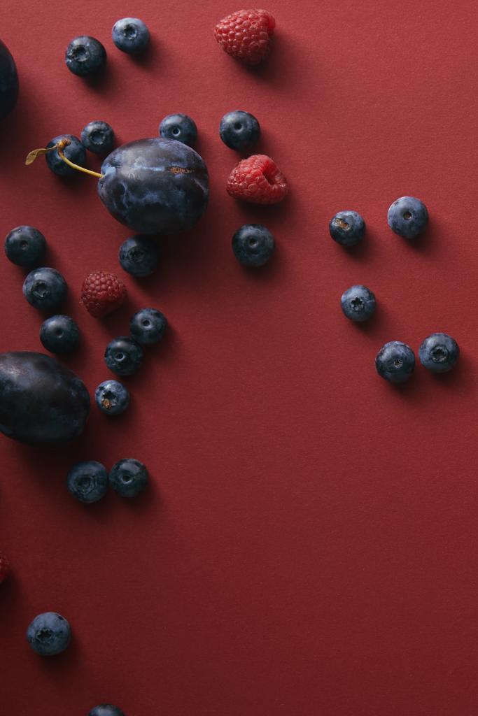 vue surélevée des bleuets, framboises et prunes sur la surface rouge
  - Photo, image