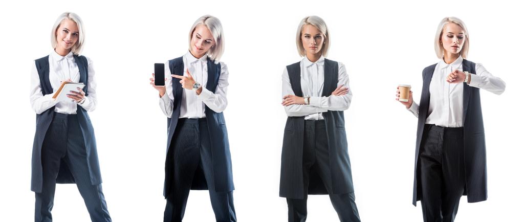 collage de fotos de mujer de negocios en ropa formal con diferentes objetos aislados en blanco
 - Foto, imagen