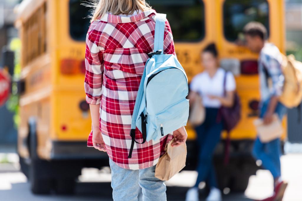 rear view of teen schoolgirl walking to classmates leaning on school bus - Photo, Image