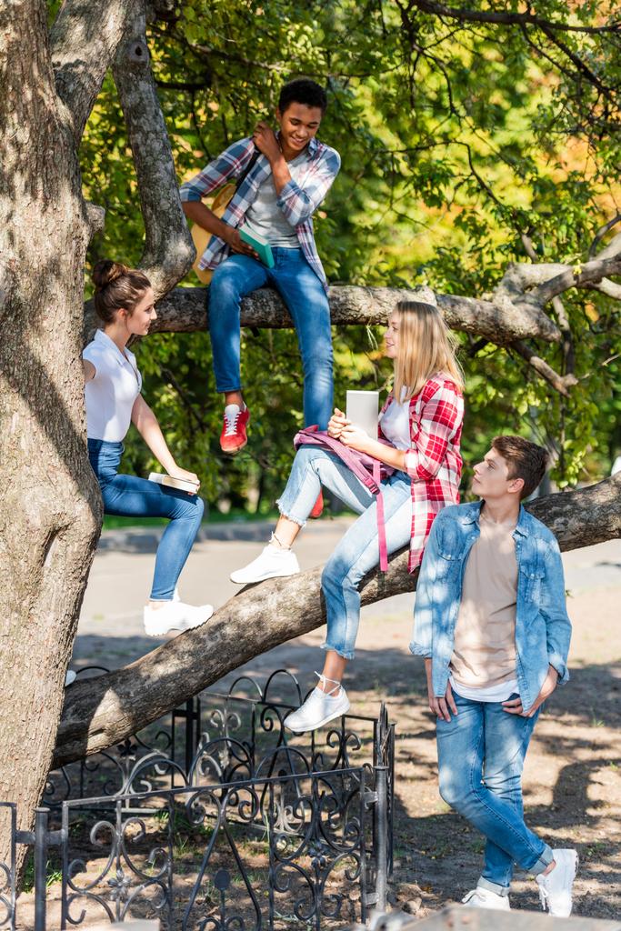 groep gelukkig multi-etnisch tieners zittend op boom in park - Foto, afbeelding