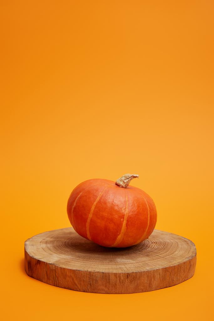 whole ripe pumpkin on round wooden board on orange background - Photo, Image