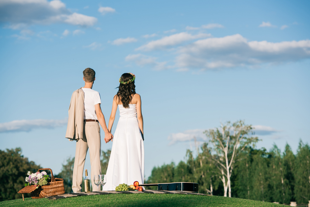 Achteraanzicht van bruidspaar hand in hand op picknick met gitaar - Foto, afbeelding