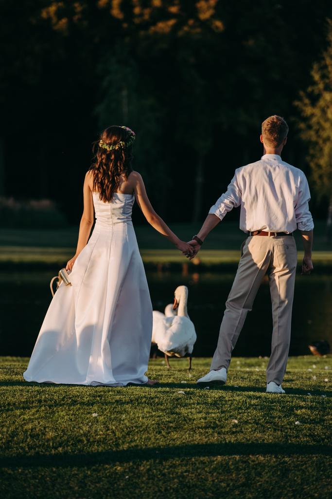 手を繋いで、美しい白鳥の湖の近くに立って若い結婚式のカップルの背面図   - 写真・画像
