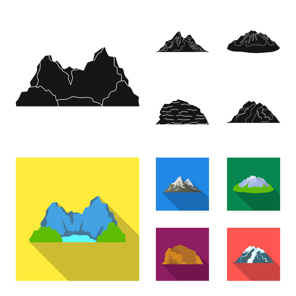 Βουνά στην έρημο, μια χιονισμένη κορυφή, ένα νησί με έναν παγετώνα, ένα χιονισμένο βουνό. Διάφορα βουνά στεγάζεται συλλογή εικονιδίων σε μαύρο, επίπεδη στυλ διάνυσμα σύμβολο μετοχής εικονογράφηση web. - Διάνυσμα, εικόνα