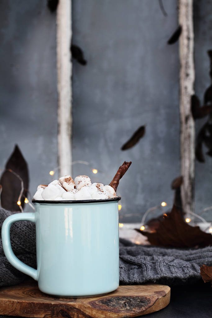 Blue and black enamel cup of hot cocoa with marshmallows and cinnamon bark in front of a dark window. Extreme shallow depth of field with focus on drink. - Photo, Image