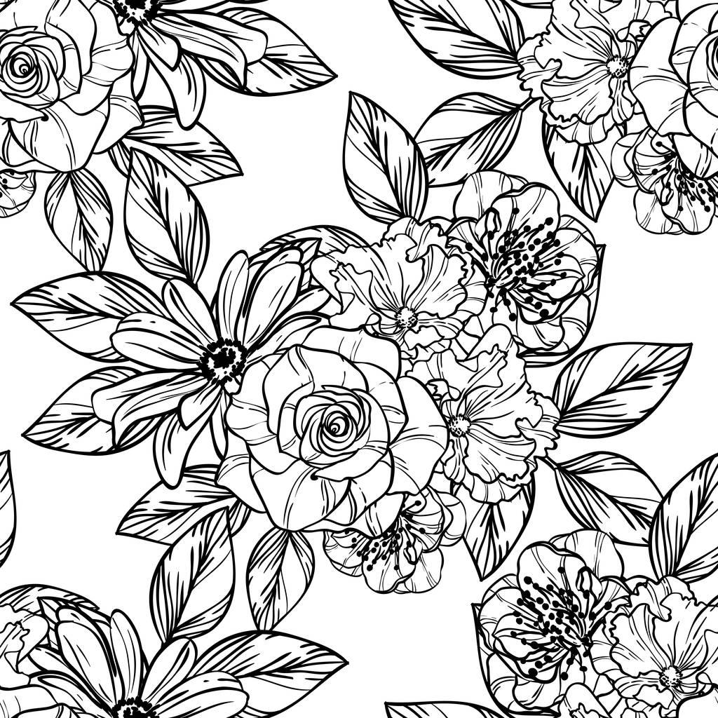 Patrón de flores de estilo vintage sin costuras. Elementos florales en contorno
 - Vector, Imagen