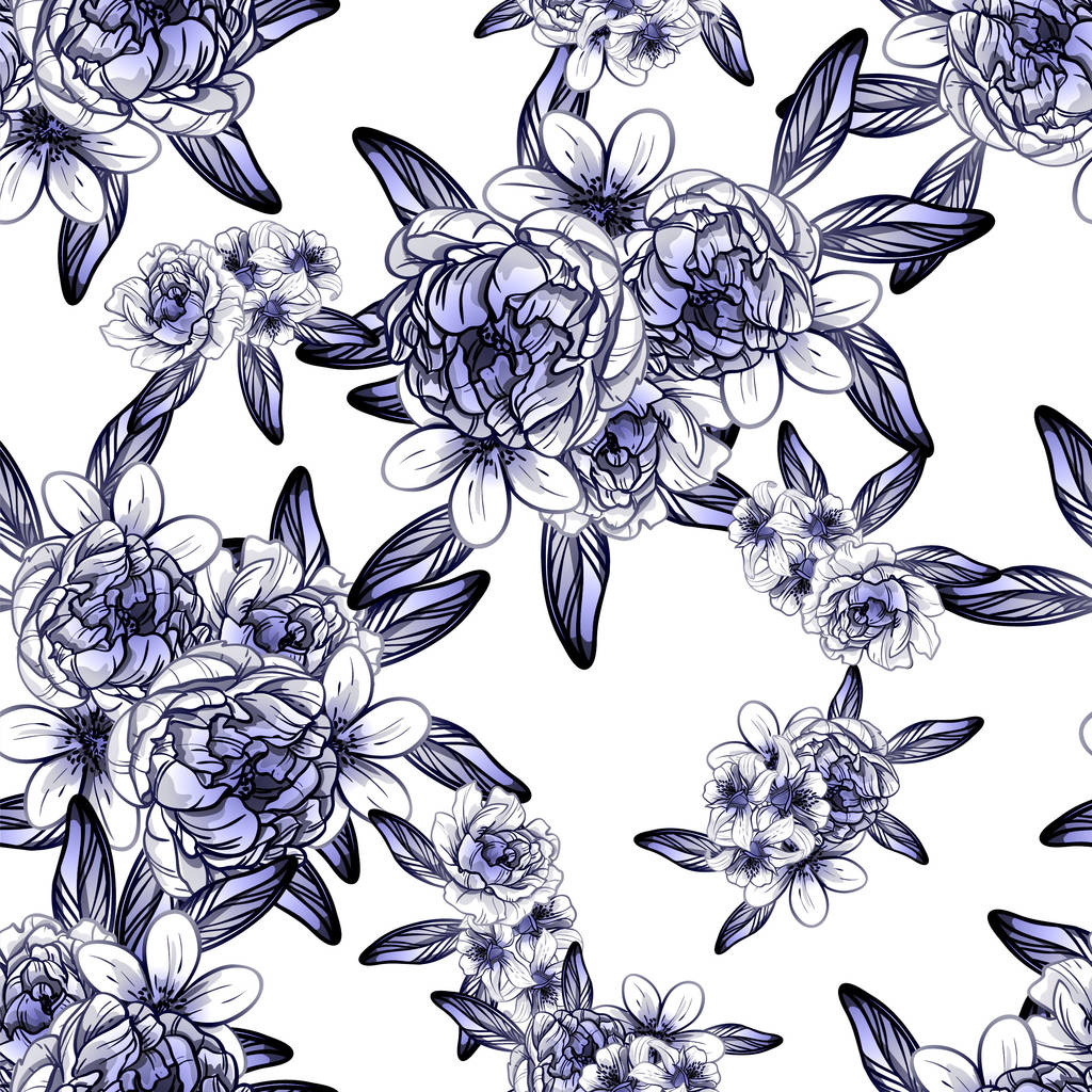 Patrón de flores de estilo vintage sin costuras. Elementos florales en contorno
 - Vector, imagen