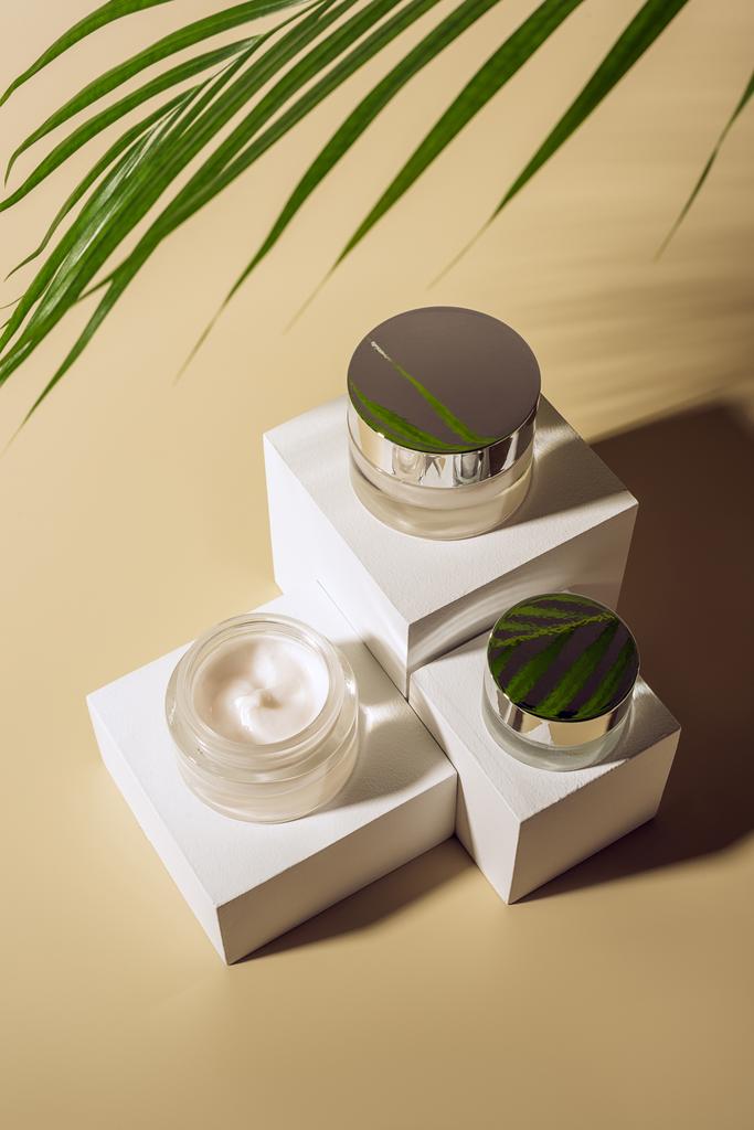 close up view of green palm leaf and body creams in glass jars on white cubes on beige background - Photo, Image